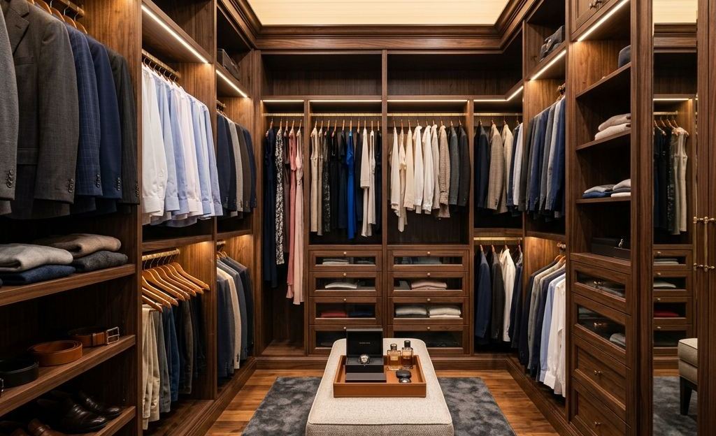 Vestidor completo a medida con zona de colgar, cajones y zapatero