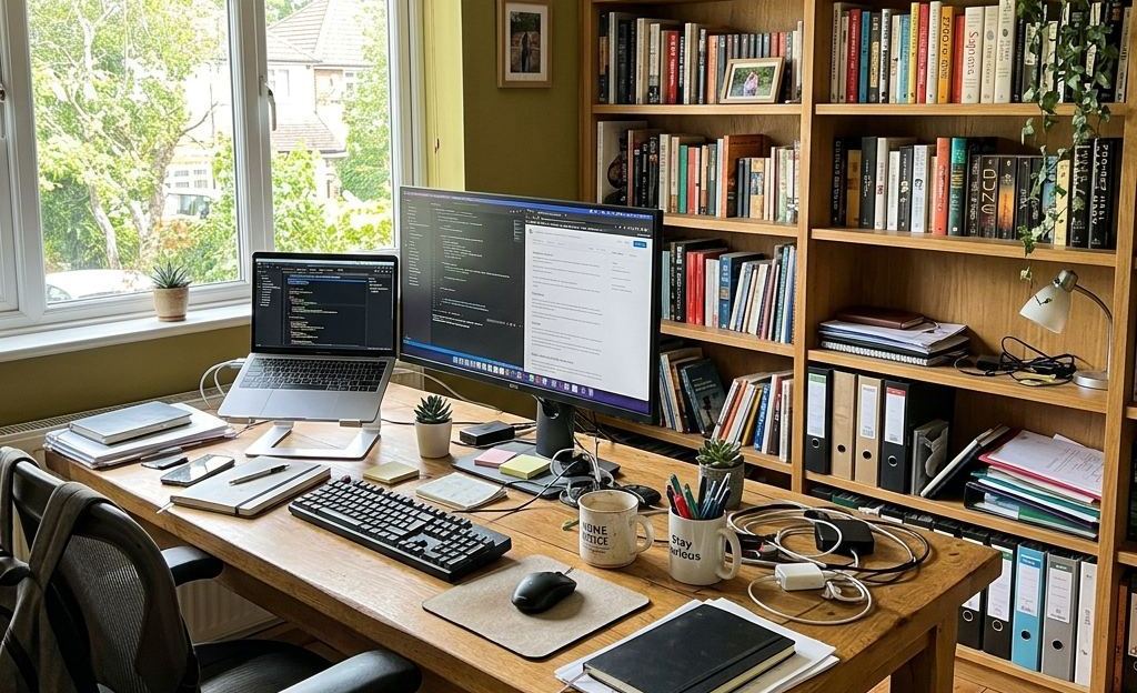 Despacho en casa con escritorio de madera a medida y librería hasta el techo