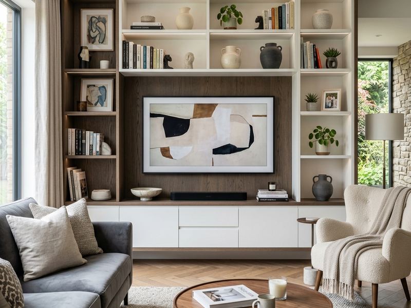 Mueble de TV a medida flotante con almacenaje en un salón