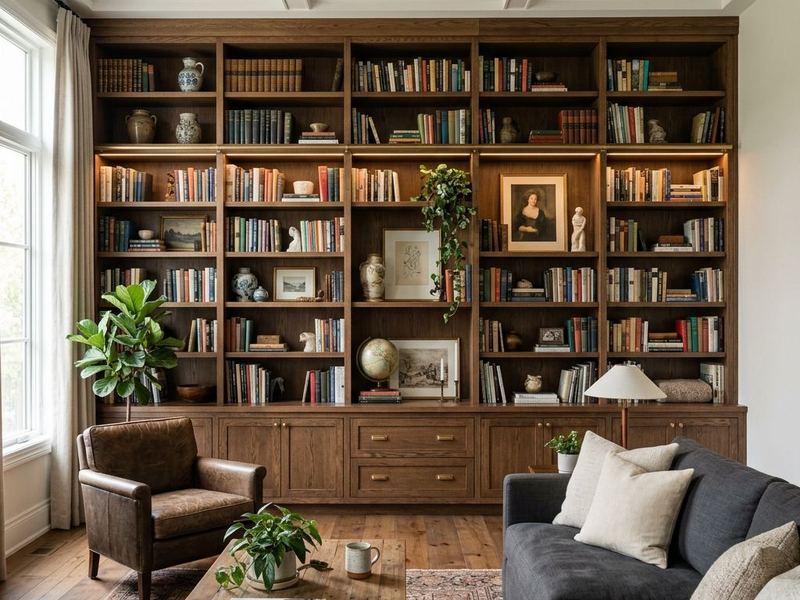 Salón con objetos de decoración, plantas y librería