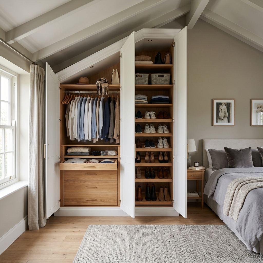 Armario empotrado a medida instalado en una vivienda de Zaragoza, con interior de cajoneras y acabado en madera natural