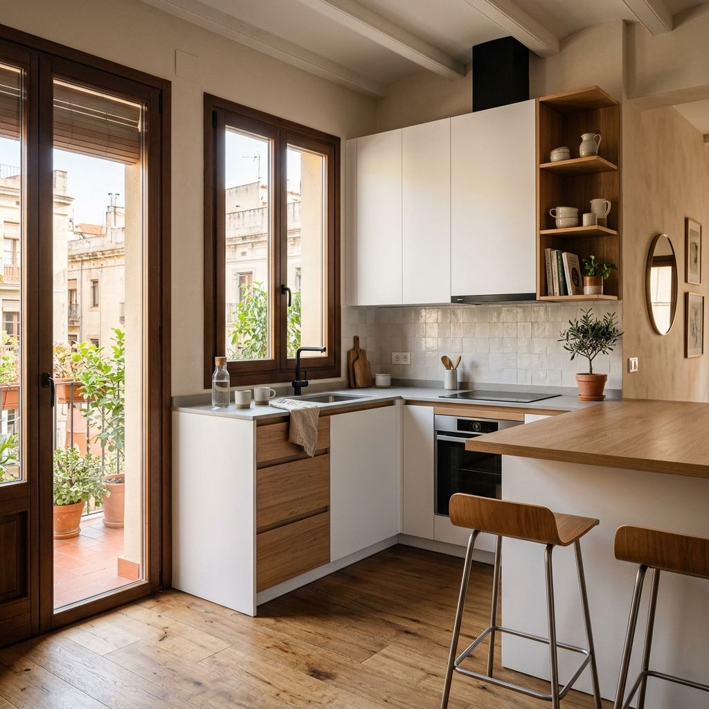 Cocina a medida con muebles altos hasta el techo y frentes lisos en una vivienda de Zaragoza