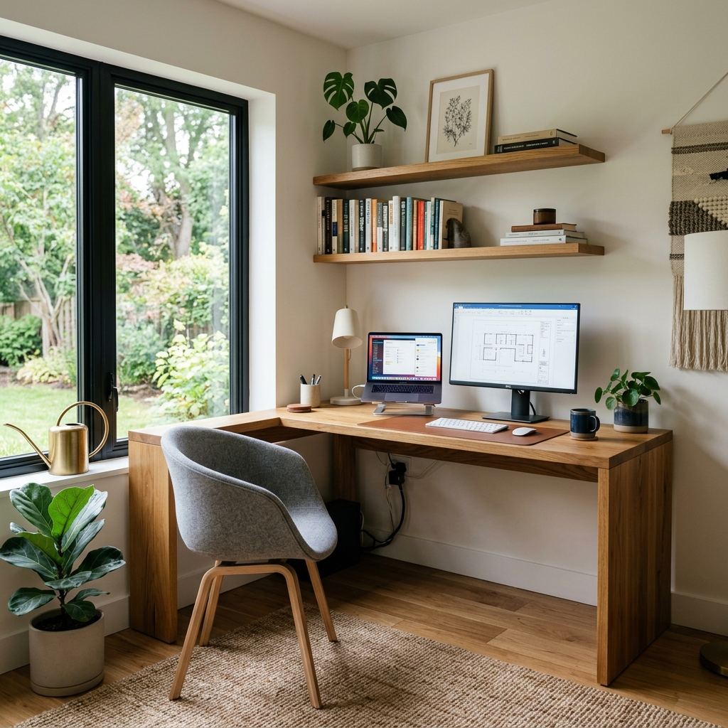 Escritorio a medida junto a la ventana con estante de pared