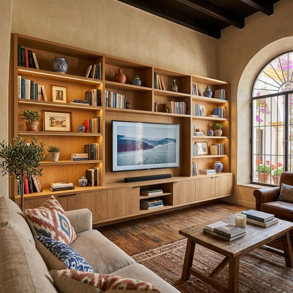 Mueble de salón a medida con librería y módulo TV en chapa de roble con iluminación LED, Zaragoza