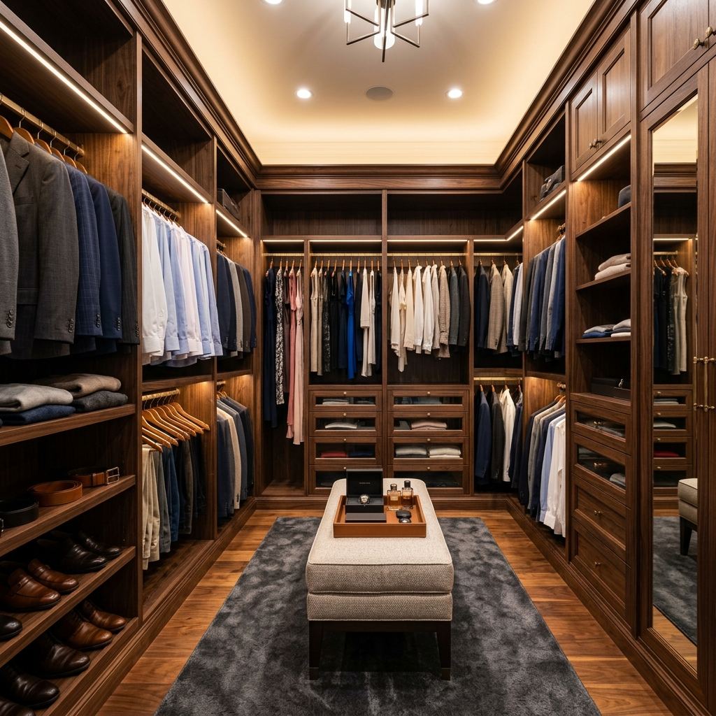 Vestidor a medida en madera con baldas, cajoneras y barras de colgar