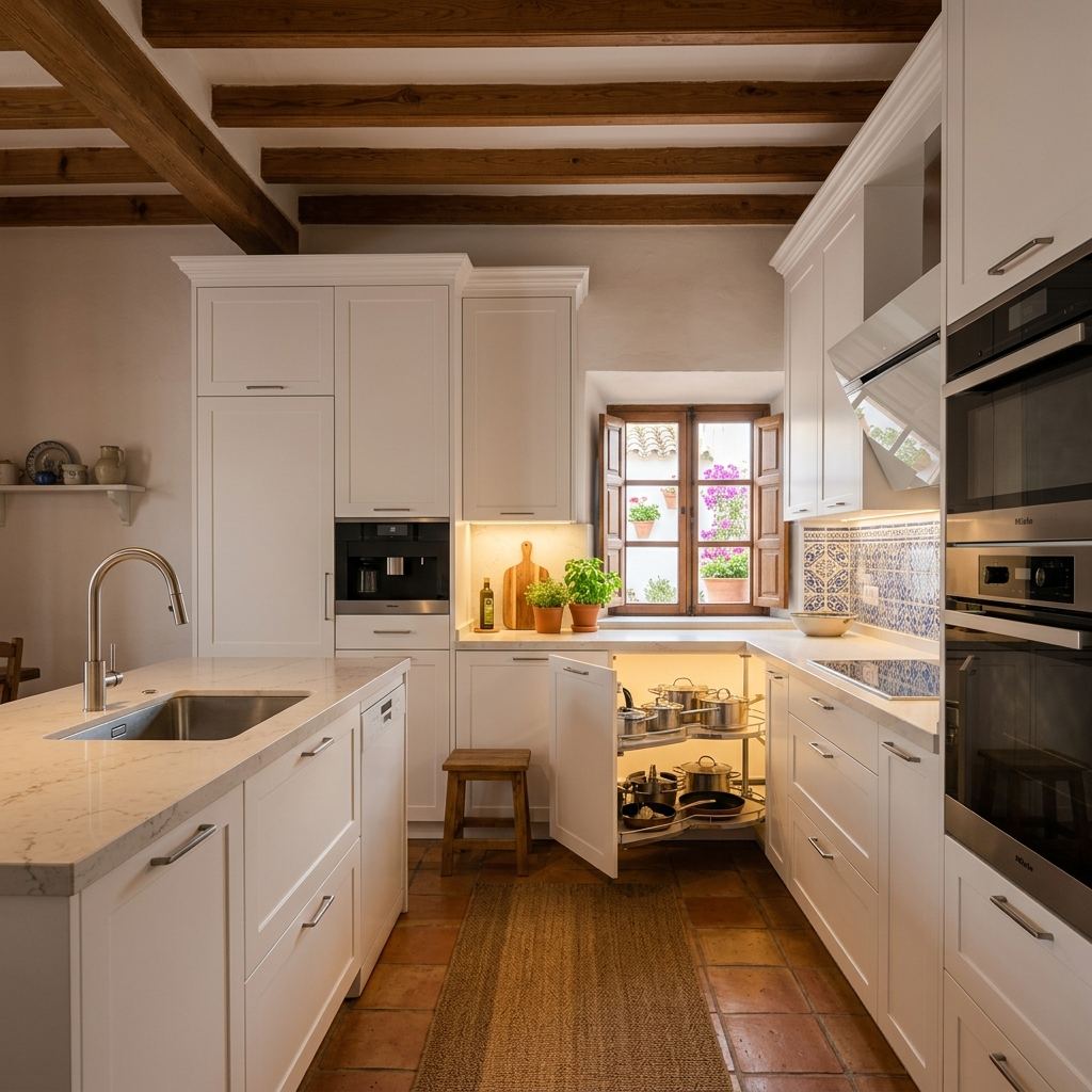 Cocina a medida con isla central y frentes lacados en Utebo, Zaragoza